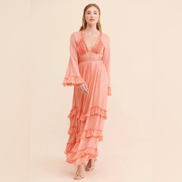 Free People Serephina Maxi Dress Peach Boho Ruffle Women’s Size S